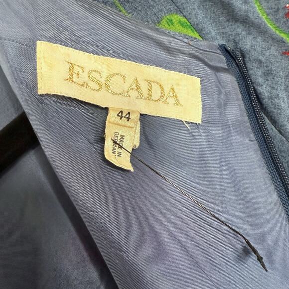 Vintage Escada Size 44 Short Sleeve Midi Dress Blue Rosette Floral Cotttagecore - Picture 5 of 11